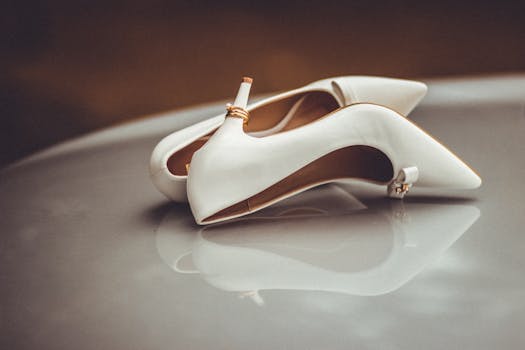 Dress code Sophisticated white stilettos paired with gold wedding bands, symbolizing luxury and elegance.