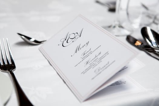 Občerstvení během svatebního dne Close-up of a refined dining table with menu and silverware, showcasing elegance in a formal restaurant setting.