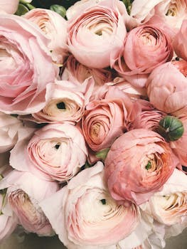 Pivoňky Close-up of a romantic bouquet of pink ranunculus flowers, ideal for weddings.